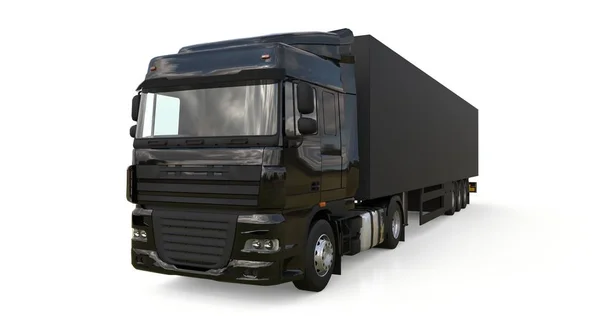 Duży czarny samochód ciężarowy z naczepą. Szablon do umieszczania grafiki. renderowania 3D. — Zdjęcie stockowe