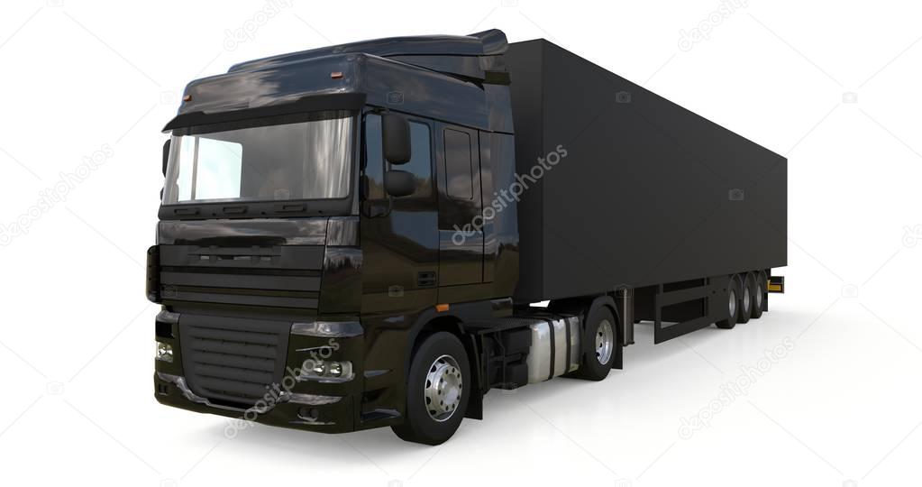 Large black truck with a semitrailer. Template for placing graphics. 3d rendering.