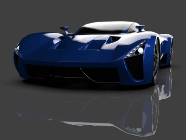 Mavi yarış konsept otomobil. Bir araba parlak gri bir arka plan görüntüsü. 3D render.