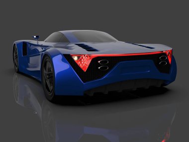 Mavi yarış konsept otomobil. Bir araba parlak gri bir arka plan görüntüsü. 3D render.