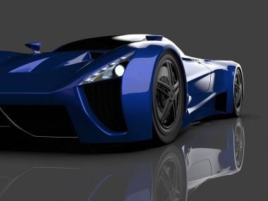 Mavi yarış konsept otomobil. Bir araba parlak gri bir arka plan görüntüsü. 3D render.