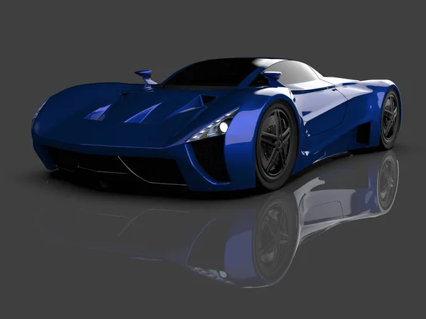 Blue racing concept car. Image of a car on a gray glossy background. 3d rendering. — Stock Photo, Image