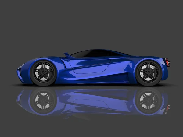 Niebieski samochód koncepcji. Zdjęcie samochodu na szarym tle błyszczący. renderowania 3D. — Zdjęcie stockowe