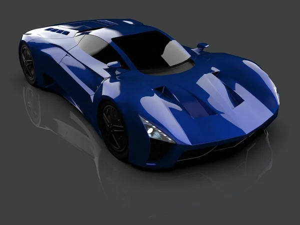Blue racing concept car. Image of a car on a gray glossy background. 3d rendering. — Stock Photo, Image