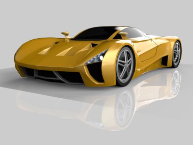 Sarı yarış konsept otomobil. Bir araba parlak gri bir arka plan görüntüsü. 3D render.