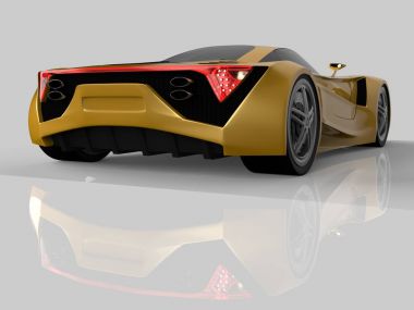 Sarı yarış konsept otomobil. Bir araba parlak gri bir arka plan görüntüsü. 3D render.