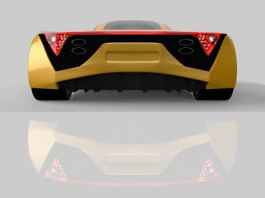 Sarı yarış konsept otomobil. Bir araba parlak gri bir arka plan görüntüsü. 3D render.