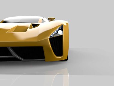 Sarı yarış konsept otomobil. Bir araba parlak gri bir arka plan görüntüsü. 3D render.
