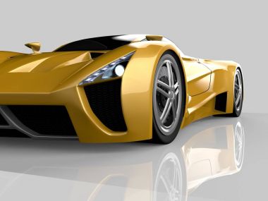 Sarı yarış konsept otomobil. Bir araba parlak gri bir arka plan görüntüsü. 3D render.