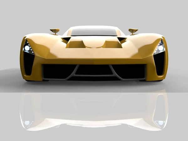 Yellow racing concept car. Image of a car on a gray glossy background. 3d rendering. — Stock Photo, Image