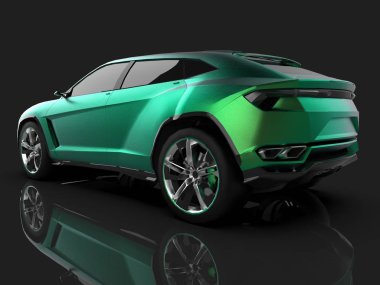 En yeni spor dört tekerlekten çekiş yeşil sigorta primi crossover yansıtıcı bir zemin siyah bir stüdyoda. 3D render.