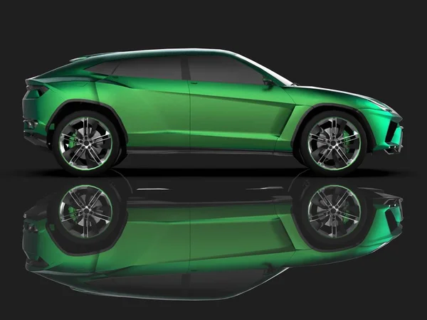 Il nuovissimo crossover sportivo all-wheel green premium in uno studio nero con un pavimento riflettente. rendering 3d . — Foto Stock