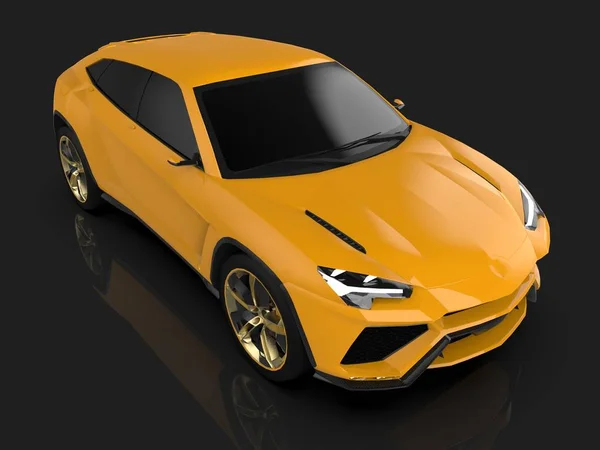 De nieuwste sport vierwielaandrijving gele premie crossover in een zwarte studio met een reflecterende vloer. 3D-rendering. — Stockfoto