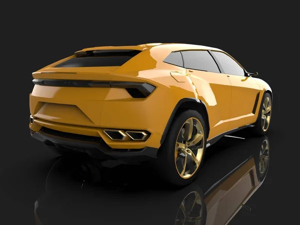 O mais novo esporte all-wheel drive amarelo premium crossover em um estúdio preto com um piso reflexivo. Renderização 3d . — Fotografia de Stock