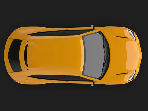 De nieuwste sport vierwielaandrijving gele premie crossover in een zwarte studio met een reflecterende vloer. 3D-rendering. — Stockfoto