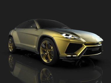 En yeni spor dört tekerlekten çekiş altın sigorta primi crossover yansıtıcı bir zemin siyah bir stüdyoda. 3D render.