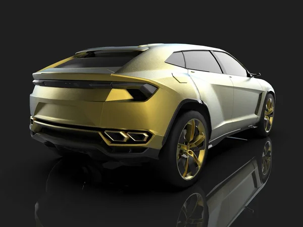 O mais novo esporte all-wheel drive ouro premium crossover em um estúdio preto com um piso reflexivo. Renderização 3d . — Fotografia de Stock