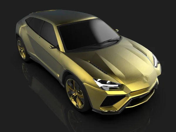 O mais novo esporte all-wheel drive ouro premium crossover em um estúdio preto com um piso reflexivo. Renderização 3d . — Fotografia de Stock