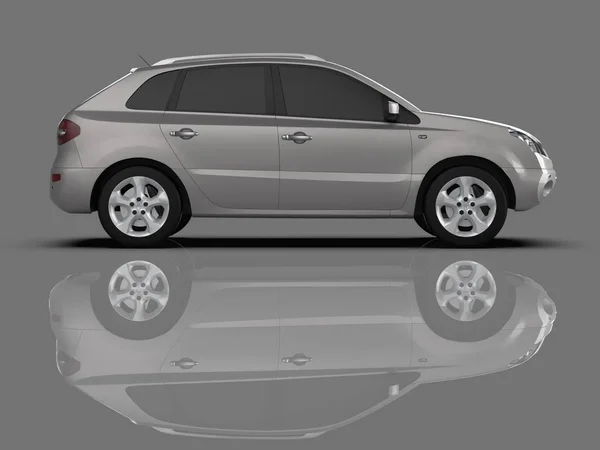 Kompakte City-Crossover-Metallic-Farbe auf grauem Hochglanz-Hintergrund mit Reflexen. 3D-Darstellung. — Stockfoto