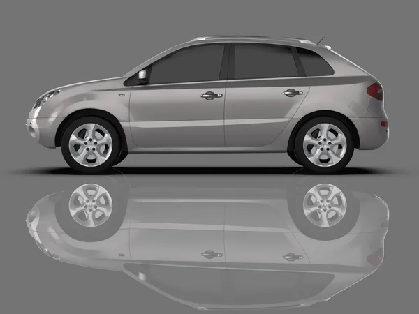 Kompakte City-Crossover-Metallic-Farbe auf grauem Hochglanz-Hintergrund mit Reflexen. 3D-Darstellung. — Stockfoto