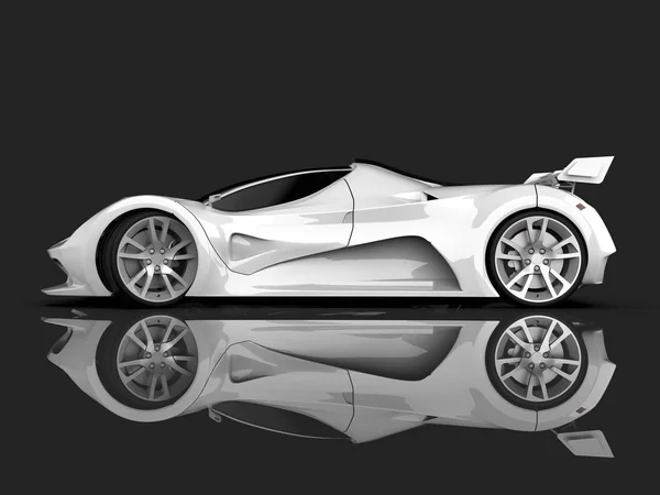Bílé závodní auto pojetí. Obrázek auta na šedé lesklé pozadí. 3D vykreslování. — Stock fotografie