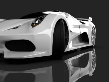 Beyaz konsept otomobil yarış. Bir araba parlak gri bir arka plan görüntüsü. 3D render.
