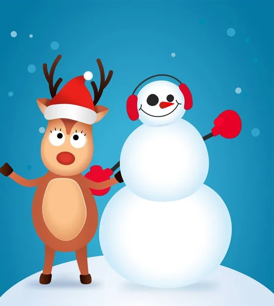 Renne de Noël. Personnage mignon et drôle Cerf et bonhomme de neige. Carte de Noël. Illustration vectorielle . — Image vectorielle