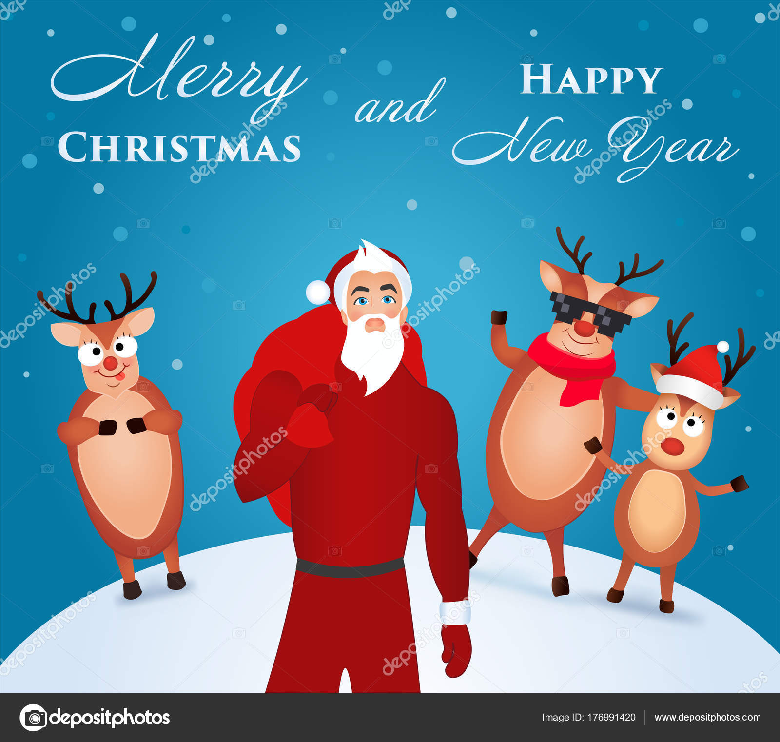 Weiß blaue Plakat Frohe Weihnachten mit einem Bild von einer modischen modern und jung Santa Claus und seine fröhliche Rentiere im Hintergrund — Vektor von