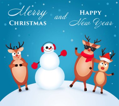 Noel Reindeer. Şirin ve komik karakter geyik ve kardan adam. Noel kartı. Vektör çizim.