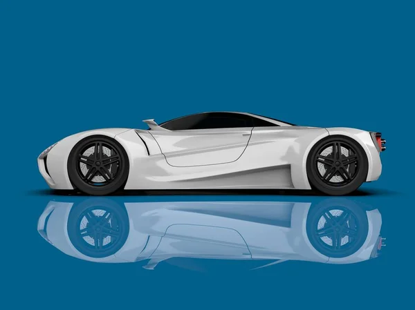 Weißes Rennkonzept. Bild eines Autos auf blauem Hochglanzhintergrund. 3D-Darstellung. — Stockfoto