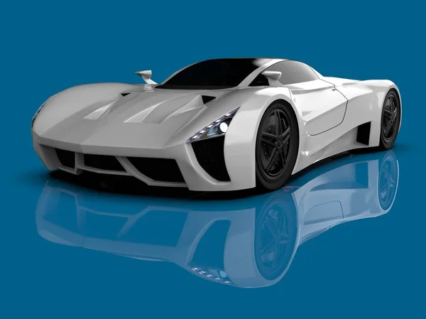 Blanco coche concepto de carreras. Imagen de un coche sobre un fondo azul brillante. renderizado 3d . — Foto de Stock