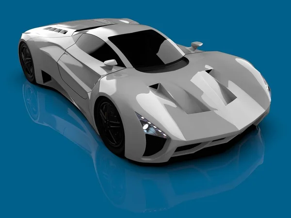 White racing concept car. Image of a car on a blue glossy background. 3d rendering. — Stock Photo, Image