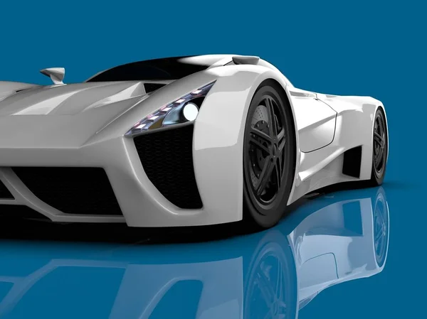 Bílé závodní auto pojetí. Obrázek auta na modré lesklé pozadí. 3D vykreslování. — Stock fotografie