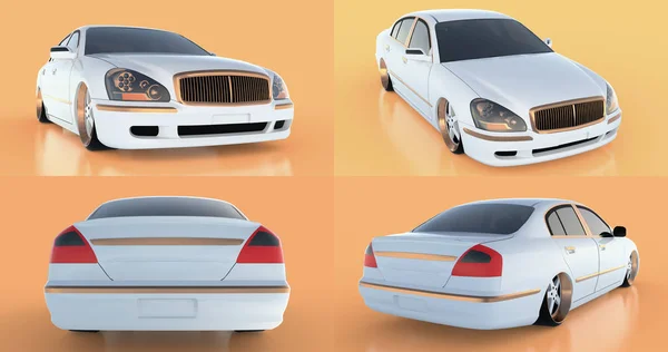 Set luxury white sedan car on an orange background with reflections. 3D rendering. — Stock Photo, Image