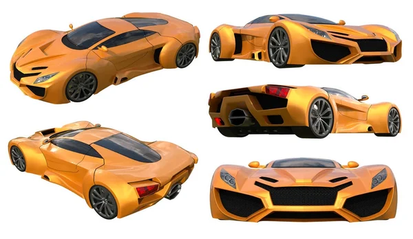 Conceptuele oranje raceauto's instellen 3D illustratie. — Stockfoto