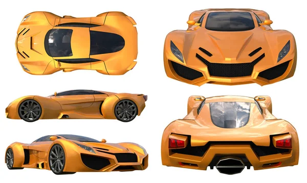 Conceptuele oranje raceauto's instellen 3D illustratie. — Stockfoto