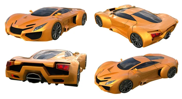 Conceptuele oranje raceauto's instellen 3D illustratie. — Stockfoto