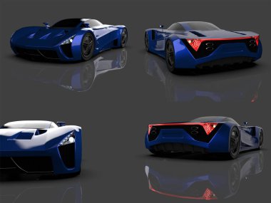 Seti mavi yarış konsept otomobil. Bir araba parlak gri bir arka plan görüntüsü. 3D render.