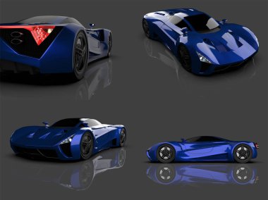 Seti mavi yarış konsept otomobil. Bir araba parlak gri bir arka plan görüntüsü. 3D render.