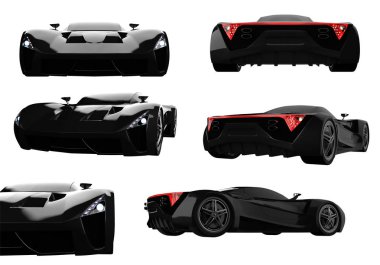 Set siyah yarış konsept otomobil. Bir araba beyaz izole zemin üzerinde görüntü. 3D render.