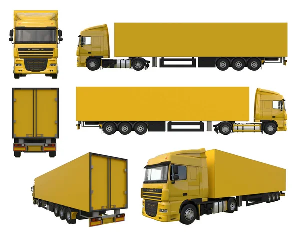 Set grote gele truck met een oplegger. Sjabloon voor afbeeldingen plaatsen. 3D-rendering. — Stockfoto