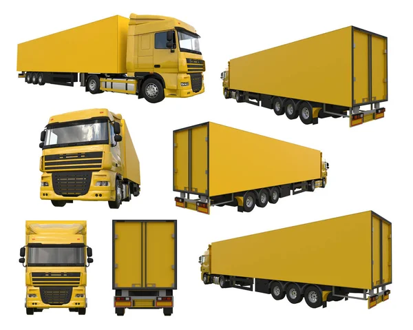 Set grand camion jaune avec une semi-remorque. Modèle pour placer des graphiques. Rendu 3d . — Photo