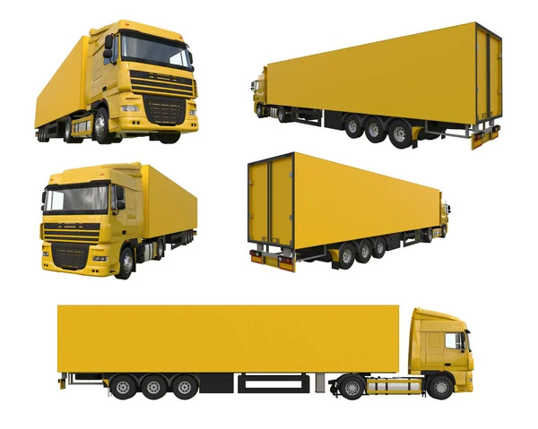 Set grand camion jaune avec une semi-remorque. Modèle pour placer des graphiques. Rendu 3d . — Photo