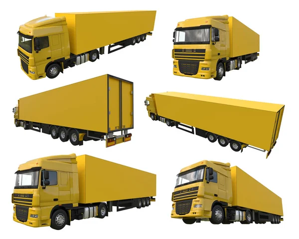 Set grand camion jaune avec une semi-remorque. Modèle pour placer des graphiques. Rendu 3d . — Photo