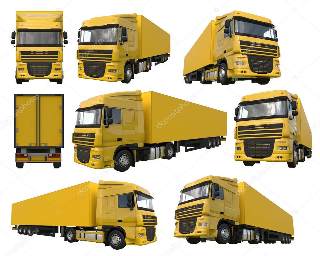 Set large yellow truck with a semitrailer. Template for placing graphics. 3d rendering.
