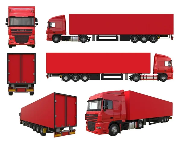 Ställa in stor röd lastbil med en semitrailer. Mall för placera grafik. 3D-rendering. — Stockfoto