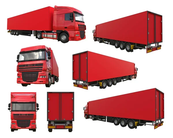 Ensemble grand camion rouge avec une semi-remorque. Modèle pour placer des graphiques. Rendu 3d . — Photo