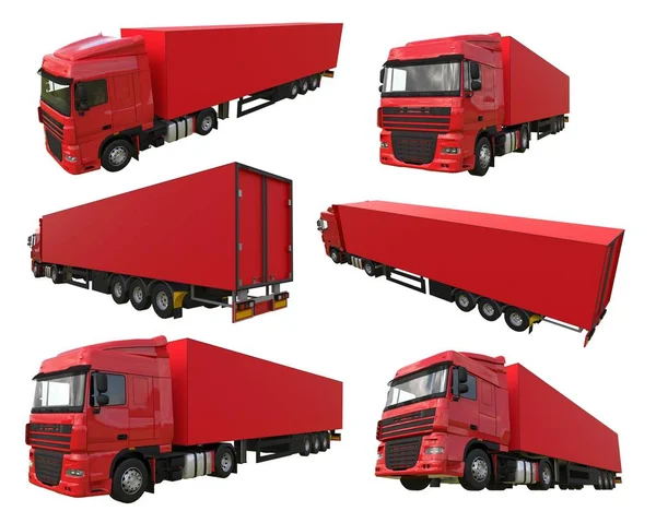 Zestaw duży czerwony samochód ciężarowy z naczepą. Szablon do umieszczania grafiki. renderowania 3D. — Zdjęcie stockowe