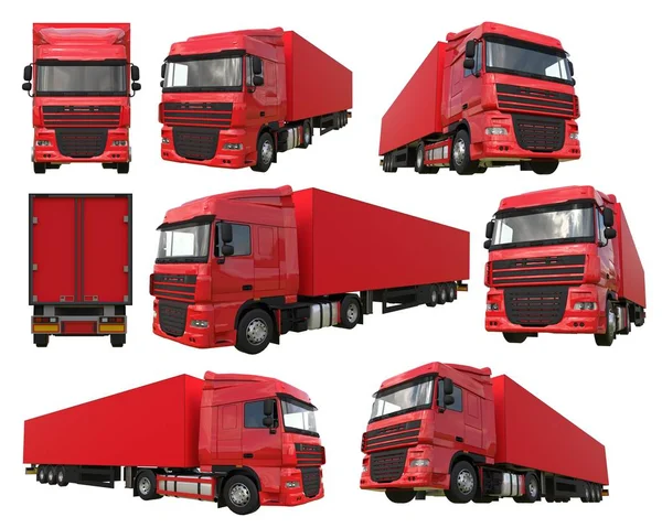 Ensemble grand camion rouge avec une semi-remorque. Modèle pour placer des graphiques. Rendu 3d . — Photo