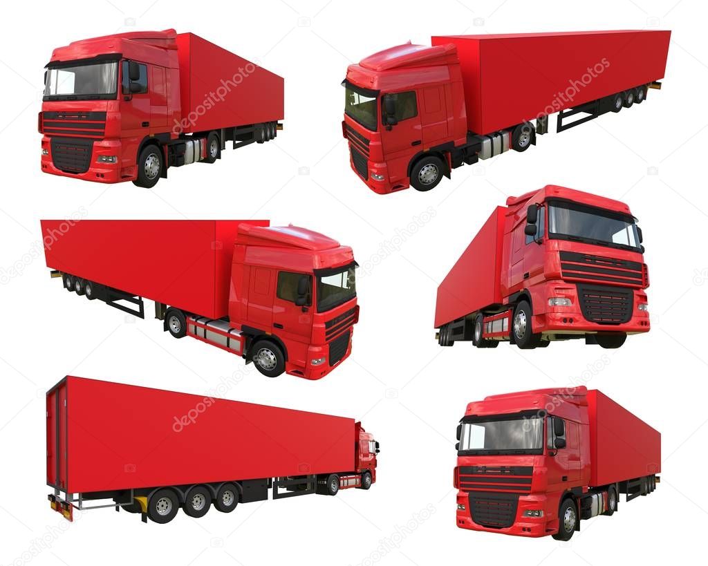 Set large red truck with a semitrailer. Template for placing graphics. 3d rendering.
